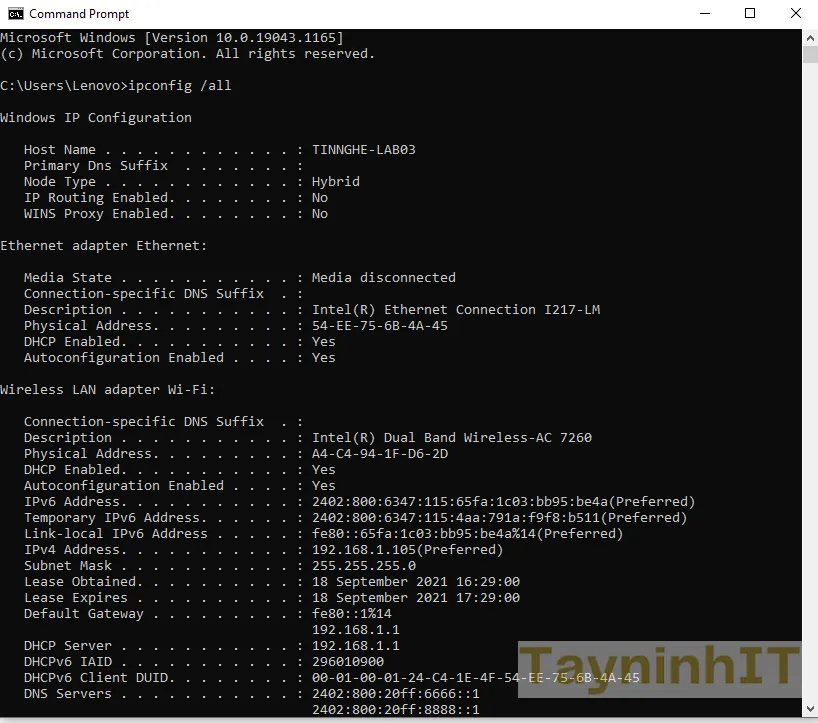 Kết quả ipconfig /all hiển thị thông số card mạng