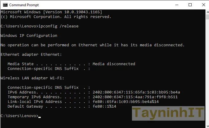 Kết quả ipconfig /release trên CMD