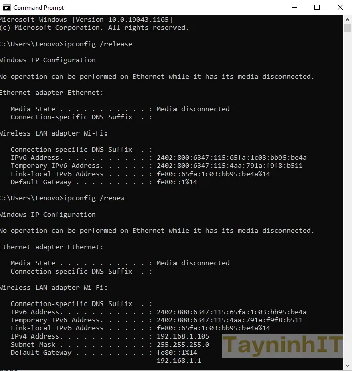 Kết quả ipconfig /renew trên CMD