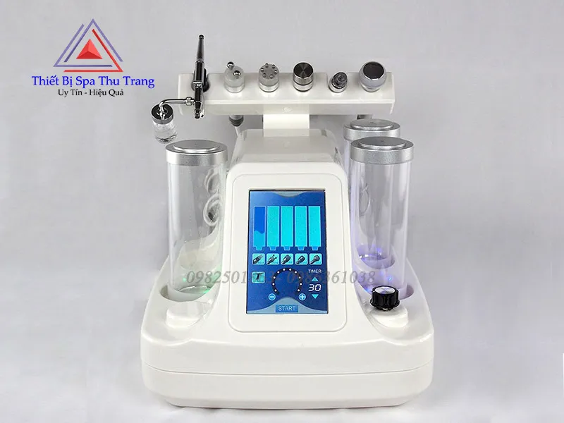 Máy Aqua Peel 6in1 với các đầu chức năng đa dạng, minh họa công dụng chăm sóc da chuyên sâu.