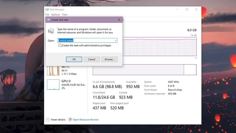 Nhập lệnh Control Panel trong Task Manager