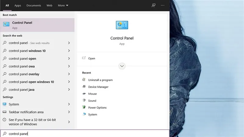 Giao diện tìm kiếm Control Panel trên Windows