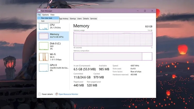 Mở Task Manager để chạy tác vụ mới