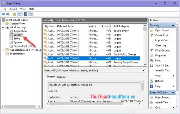 Cửa sổ mới hiện lên các bạn chọn Windows Logs - Security, nơi chứa toàn bộ lịch sử sử dụng máy tính và các sự kiện bảo mật quan trọng