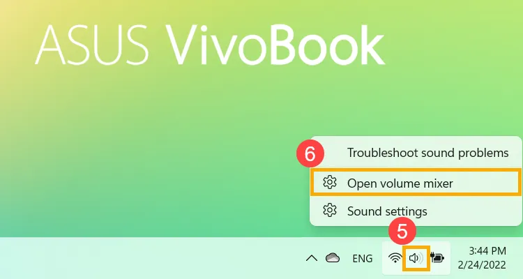Mở Volume Mixer từ biểu tượng loa trên thanh tác vụ Windows 11 để quản lý âm lượng ứng dụng.