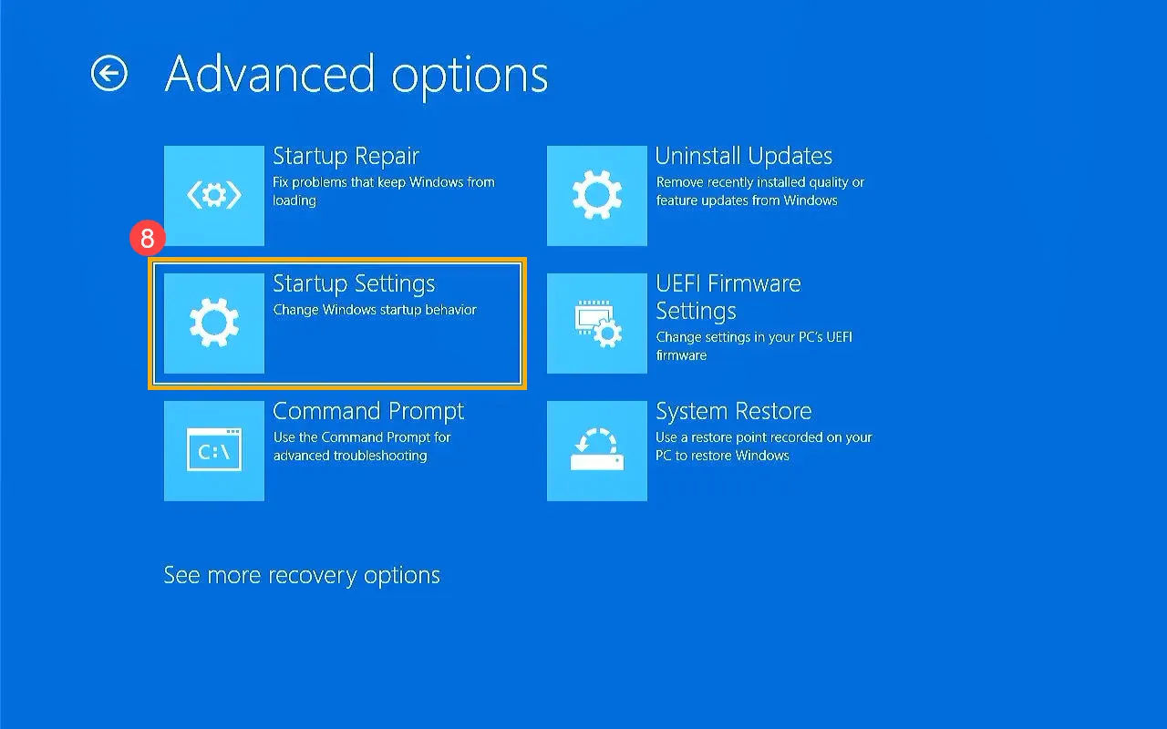 Chọn Startup Settings trong Advanced options để truy cập các tùy chọn khởi động Safe Mode máy Asus