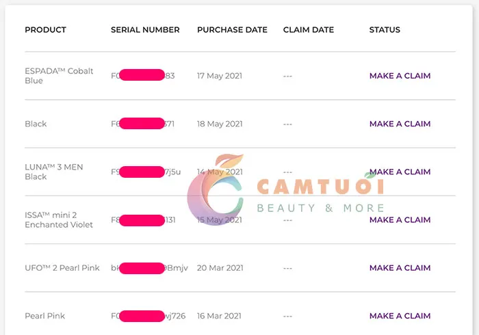 Danh sách các thiết bị Foreo đã được bảo hành thành công