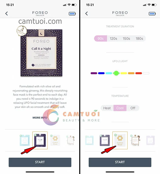 Giao diện chọn mặt nạ và liệu trình chăm sóc da trên ứng dụng Foreo