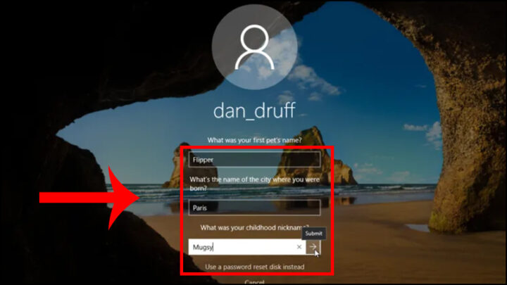 Trả lời câu hỏi bảo mật để tiếp tục cách mở khóa máy tính khi quên mật khẩu