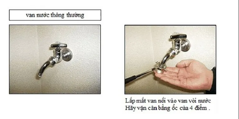 Gắn mắt nối van vào van cấp nước trên tường hoặc đường ống