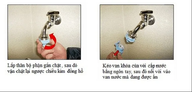 Vặn chặt đầu nối dây cấp nước vào mắt van đã lắp