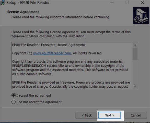 Chọn Next để cài đặt phần mềm EPUB FILE READER