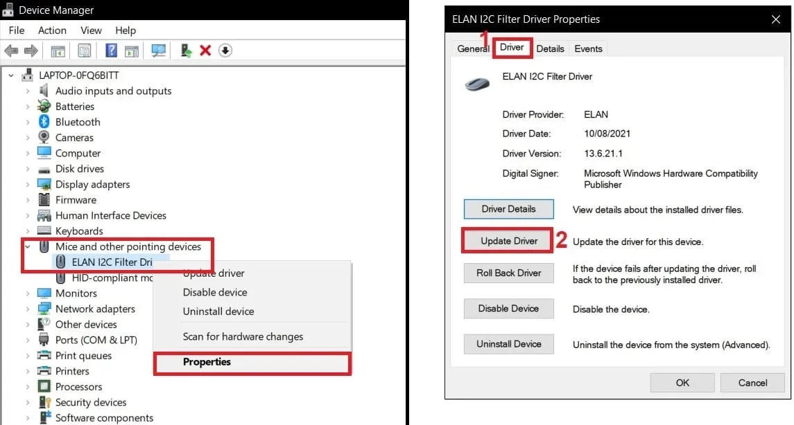 Cửa sổ Device Manager trong Windows hiển thị danh mục &quot;Mice and other pointing devices&quot;, khu vực cốt lõi để quản lý và cập nhật driver khi chuột máy tính bàn bị khóa.
