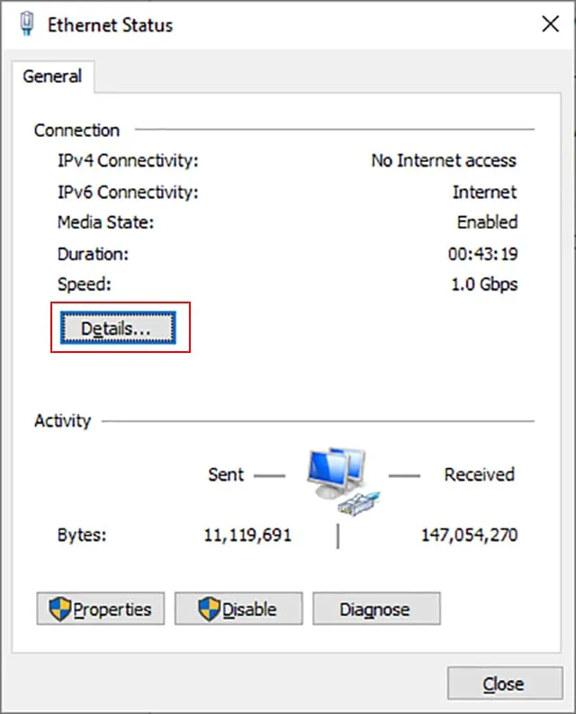 Chọn Details để xem thông số mạng máy tính cài đặt chế độ chờ Toshiba 723