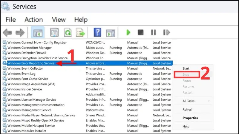 Giao diện Windows Services, với dịch vụ &quot;Windows Error Reporting Service&quot; được chọn và tùy chọn &quot;Stop&quot; đang hiển thị.
