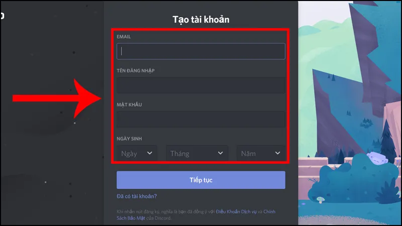 Màn hình đăng ký tài khoản Discord trên máy tính
