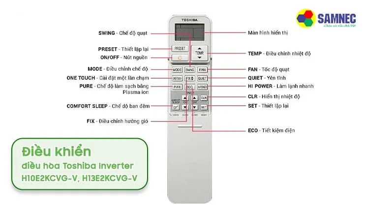 Mẫu điều khiển máy lạnh Toshiba Inverter với các chức năng nâng cao như One Touch, minh họa cách sử dụng điều khiển máy lạnh toshiba cho các dòng cao cấp