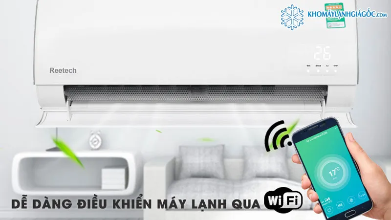 Công nghệ Wifi Control giúp bạn dễ dàng điều khiển máy lạnh Reetech 2.5 HP RT24-DE-A qua điện thoại, bao gồm cả cách bật chế độ hút ẩm máy lạnh Reetech, từ bất kỳ đâu.