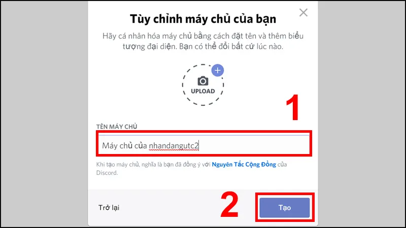 Nhập tên máy chủ để tạo trên Discord