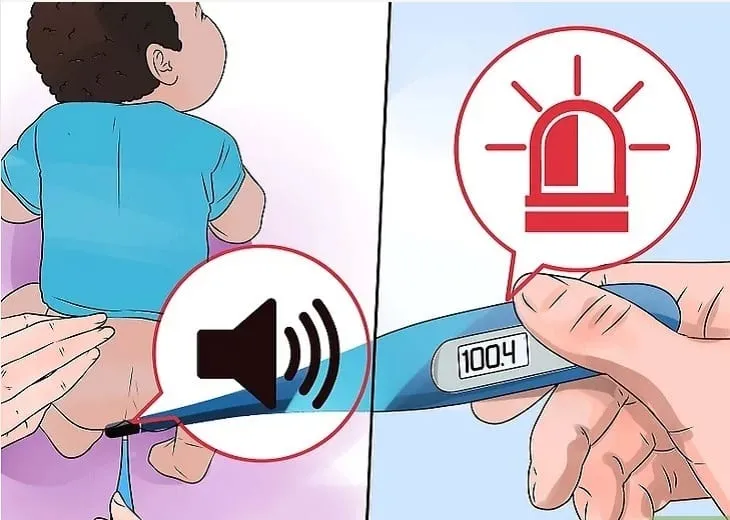 Bàn tay người lớn đang sử dụng nhiệt kế điện tử Beurer để đo nhiệt độ hậu môn cho em bé