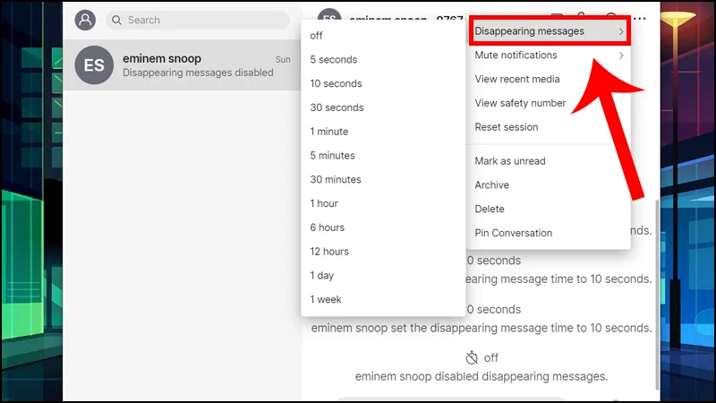 Kích hoạt tính năng tin nhắn tự động biến mất trong cài đặt trò chuyện của Signal desktop.