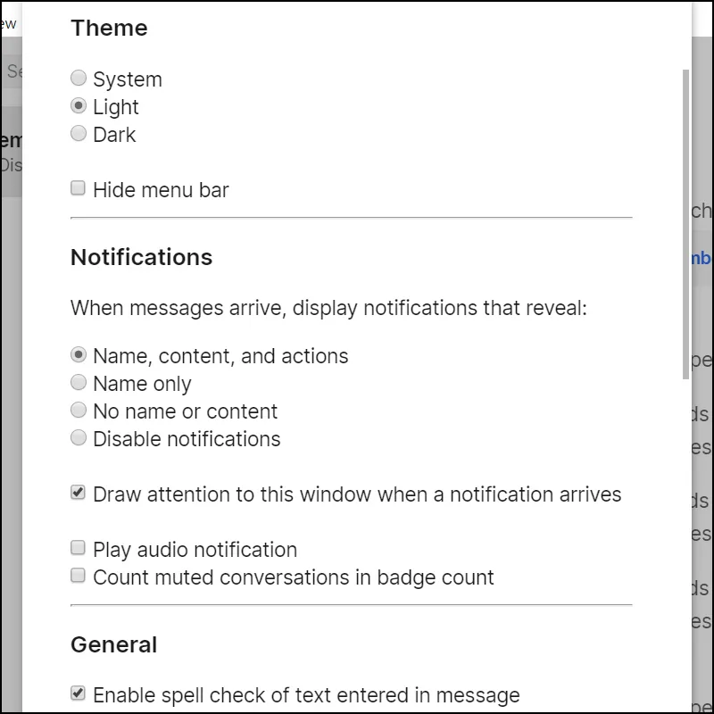 Điều chỉnh thông báo và các thiết lập khác trong giao diện cài đặt Signal máy tính.
