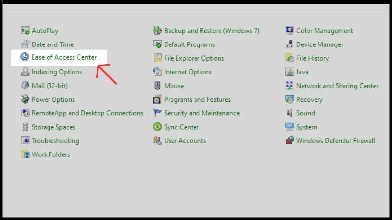 Tìm mục Ease of Access trong Control Panel, một bước quan trọng trong cách sửa bàn phím máy tính không gõ được.