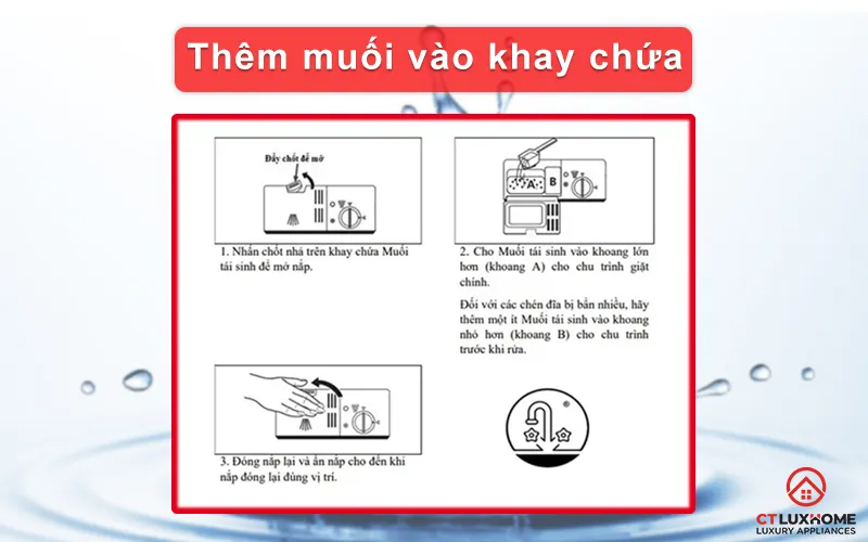 Thêm muối và điều chỉnh độ mềm nước cho máy rửa bát Eurosun