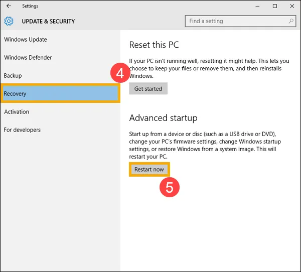 Chọn Recovery và nhấp Restart now trong Update &amp; Security để kích hoạt khởi động nâng cao trên máy Asus