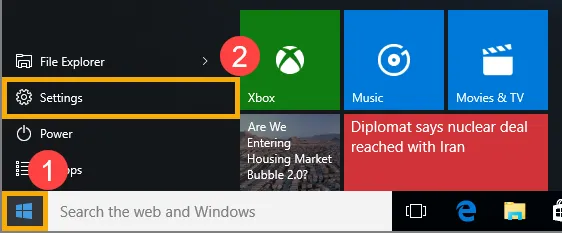 Nhấp biểu tượng Start và chọn Settings để bắt đầu vào Safe Mode trên máy Asus chạy Windows 10