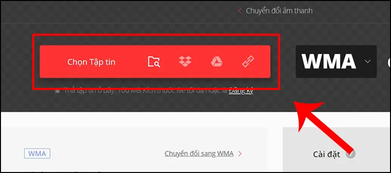 Giao diện Convertio để chọn file WMA cần chuyển đổi trực tuyến