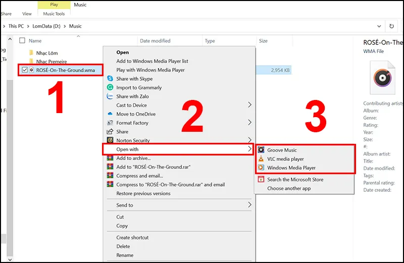 Các bước mở file WMA trên máy tính bằng menu chuột phải