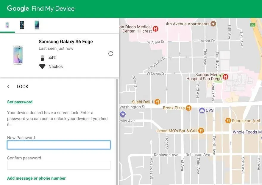 Giao diện Google Find My Device trên màn hình máy tính, hiển thị bản đồ định vị và các tùy chọn để mở khóa máy Nokia