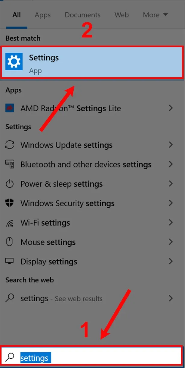Nhập và chọn Settings để bắt đầu cách chỉnh sửa ngôn ngữ trên máy tính
