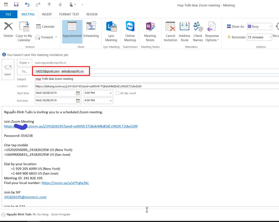 Giao diện lên lịch cuộc họp Zoom và tùy chọn gửi email mời