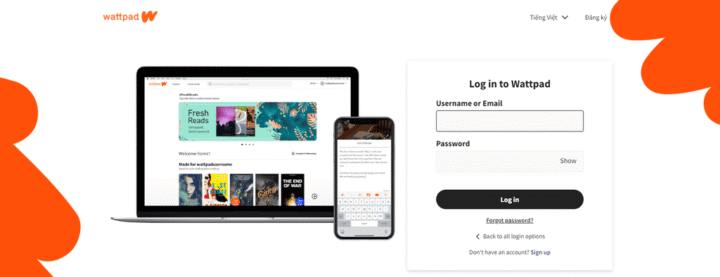 Giao diện đăng nhập Wattpad trên máy tính