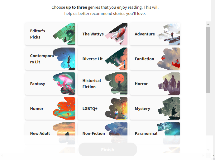 Wattpad sau khi đăng nhập và chọn chủ đề