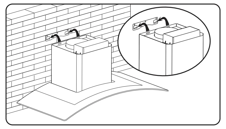 Treo thân máy hút mùi kính cong lên giá đỡ đã lắp đặt chắc chắn