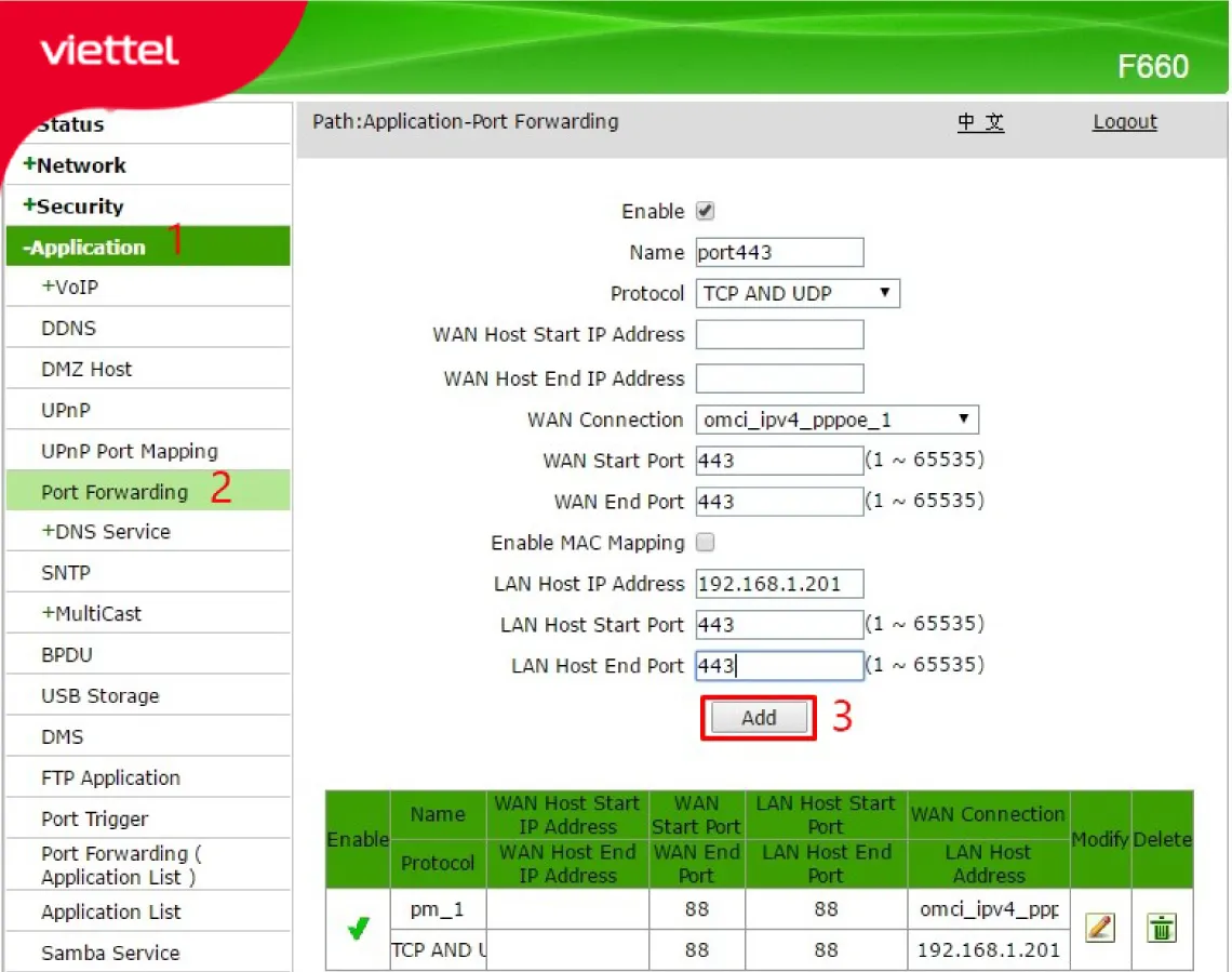 Giao diện cải đặt mở cổng