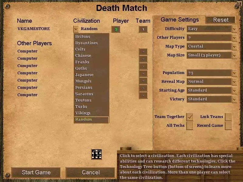Màn hình thiết lập trận đấu chế độ Death Match trong Age of Empires 2