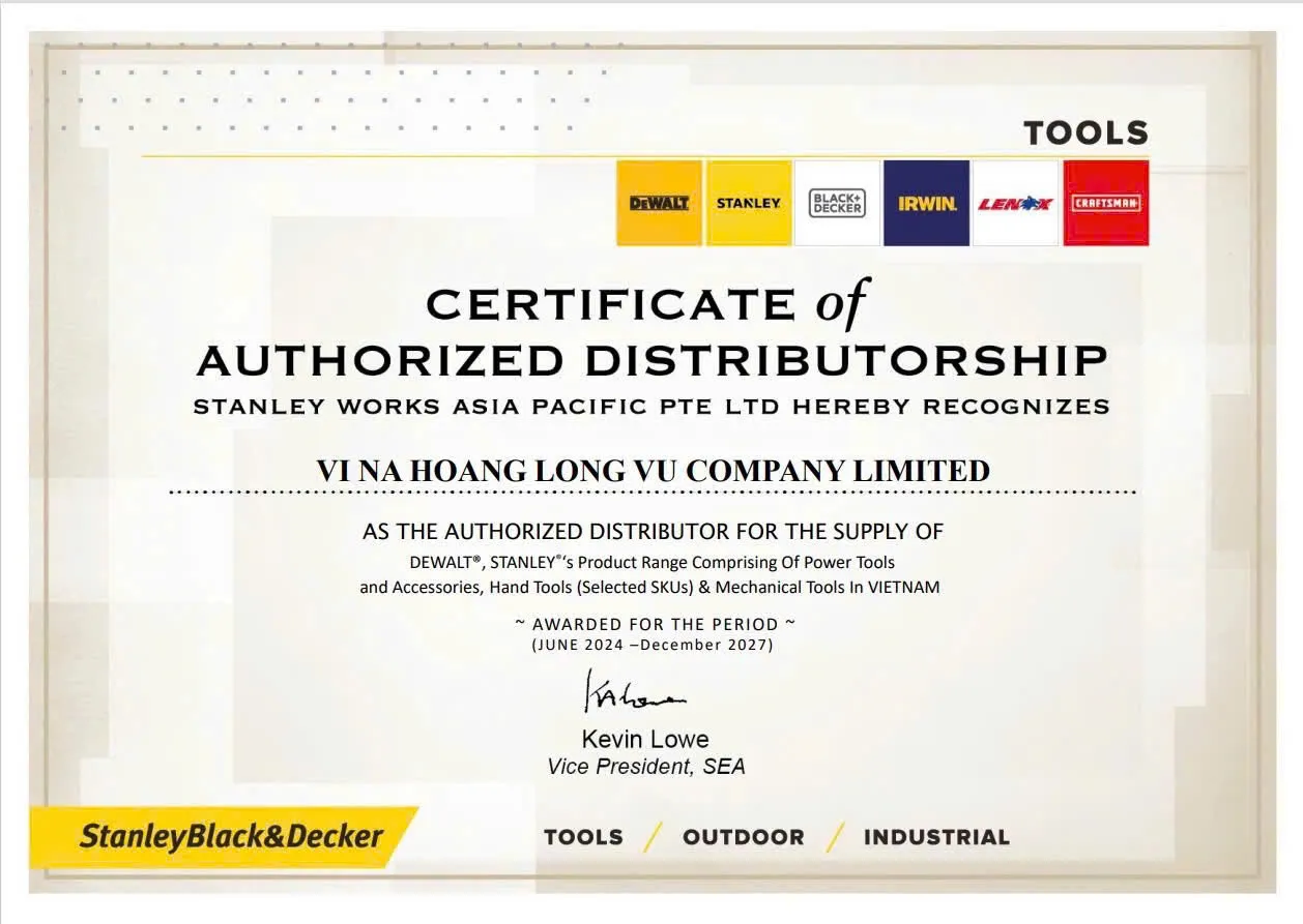 Giấy chứng nhận đại lý chính thức, khẳng định chất lượng máy bắn vít Dewalt 18V