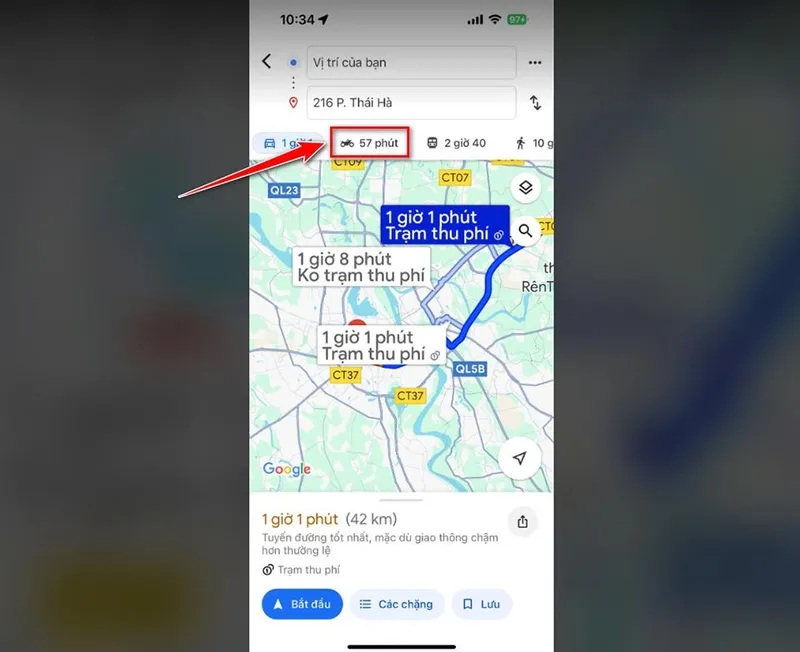 Google Maps hiển thị biểu tượng xe máy đã được chọn, minh họa rõ ràng cách sử dụng Google Map cho xe máy để lựa chọn phương tiện di chuyển phù hợp nhất.