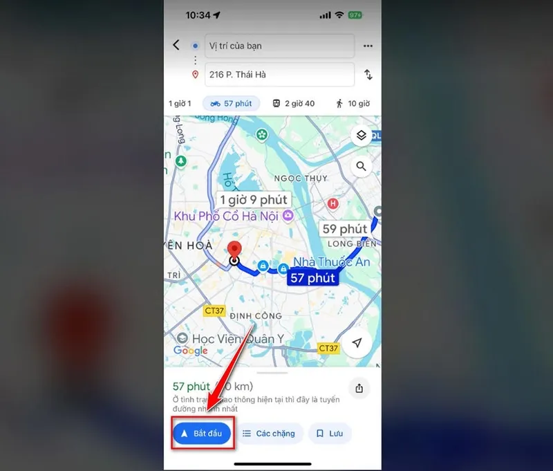 Màn hình Google Maps hiển thị nút &quot;Bắt đầu&quot; để kích hoạt chỉ đường, minh họa cách sử dụng Google Map cho xe máy để bắt đầu hành trình với hướng dẫn giọng nói.