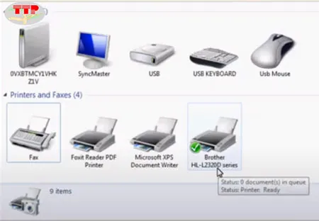 Giao diện Devices and Printers trên Windows, hiển thị trạng thái sẵn sàng của máy in Brother HL L2321D