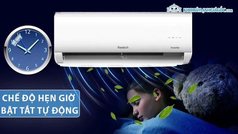 Chế độ hẹn giờ thông minh giúp bạn quản lý thời gian sử dụng máy lạnh Reetech hiệu quả, tối ưu hóa việc bật chế độ hút ẩm máy lạnh Reetech và tiết kiệm năng lượng.