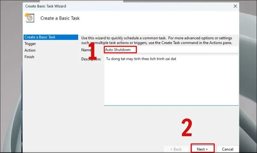 Mô tả chi tiết tác vụ tự động tắt máy tính trong Task Scheduler