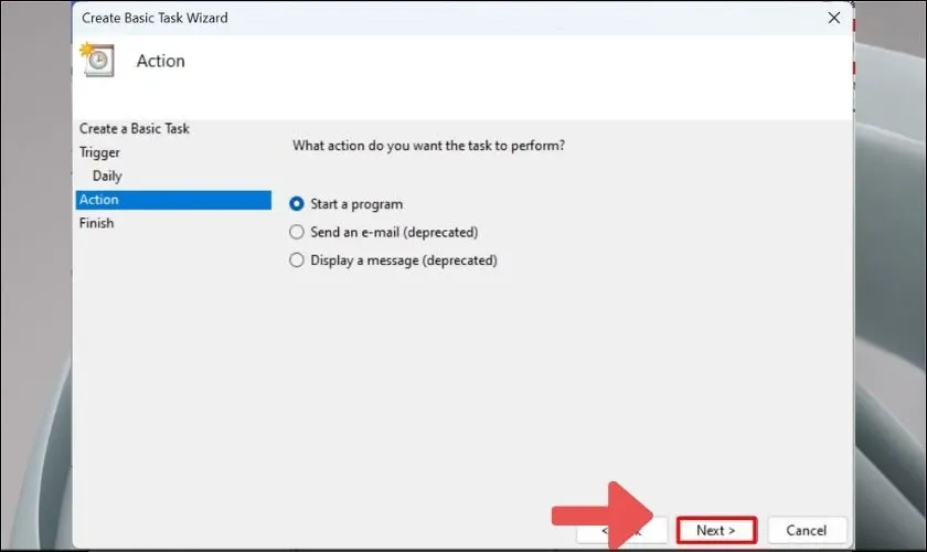 Chọn hành động &quot;Start a program&quot; để thiết lập tự động tắt máy tính