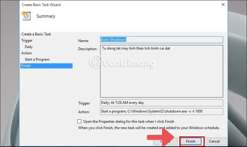 Hoàn tất cài đặt tác vụ tự động tắt máy tính trong Task Scheduler