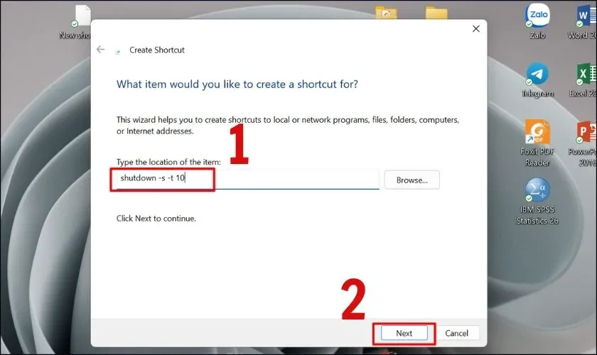 Nhập lệnh shutdown -s -t vào trường vị trí để tạo Shortcut tự tắt máy tính