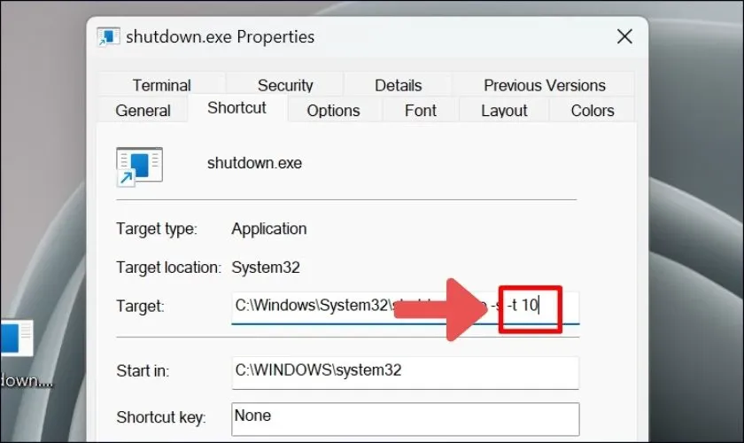 Truy cập Properties của Shortcut để thay đổi thời gian tự động tắt máy tính